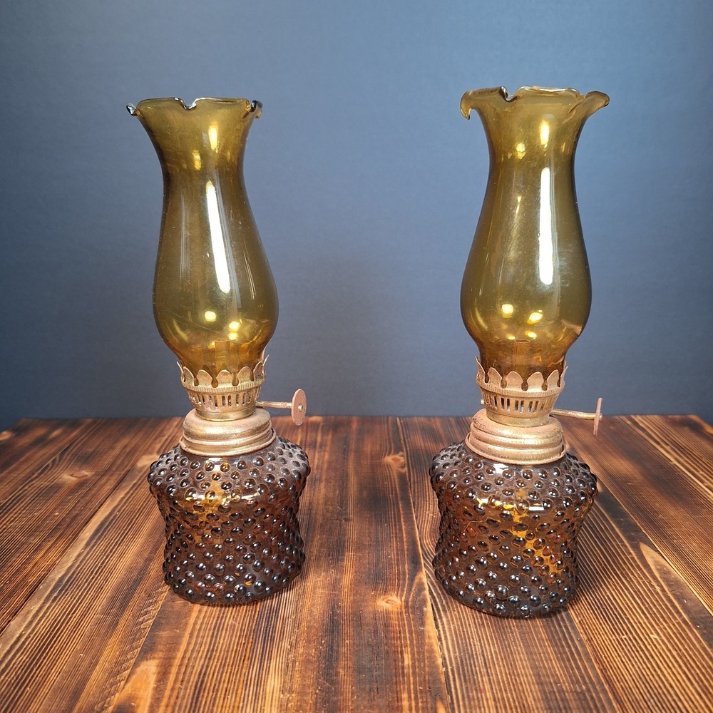 A Pair of Mini Amber Glass Hobnail Design Oil Lamps w/ Crimp Top Amber Globes